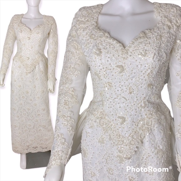 Mori Lee Vintage 80s 90s Beaded Sequins White and Ivory Wedding Dress Size 8 - Picture 1 of 16